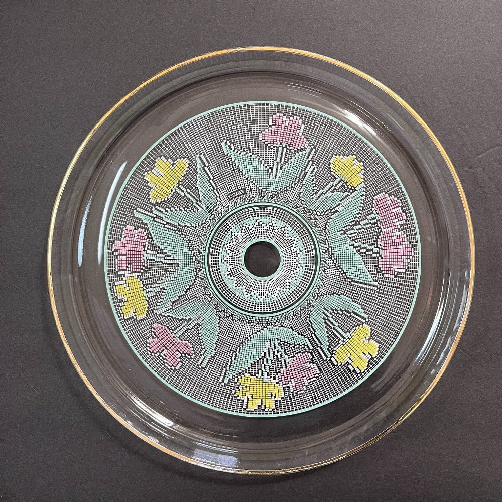 Vintage MCM Culver Floral Serving Plate / Platter Gold Rim 12" Clear Duralex